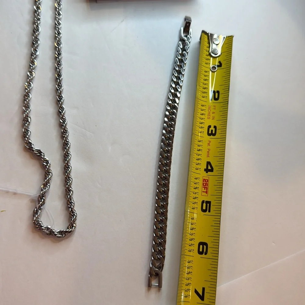 FIUSEM Men’s Stainless Steel Silver tone  Set chain & bracelet New in a box